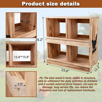 Nesting Boxes for Chickens, Chicken Laying Boxes with 4 Compartments,Pine Wood Chickens Nesting Boxe for Laying Eggs,Wall-Mounted,Large Size 23.62'L× 13.2'W × 25.2'H