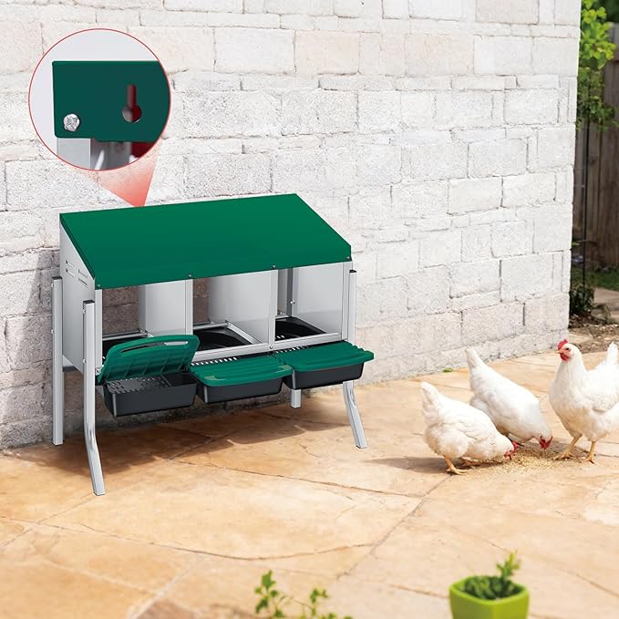 Chicken Nesting Boxes with Rollout Egg Collection – 3-Compartment Metal Hen Nest Box with Removable Trays, Slanted Roof & Ventilation, Wall Mount or Standing for Backyard Poultry Coop, Green