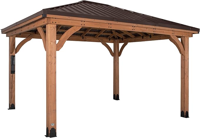 Backyard Discovery Barrington 14' x 12' Cedar Wood Outdoor Gazebo Pavilion with Hardtop Galvanized Steel Hip Roof, Snow Support, Wind Resistance, PowerPort, Shade for Garden, Patio, Deck, Entertaining