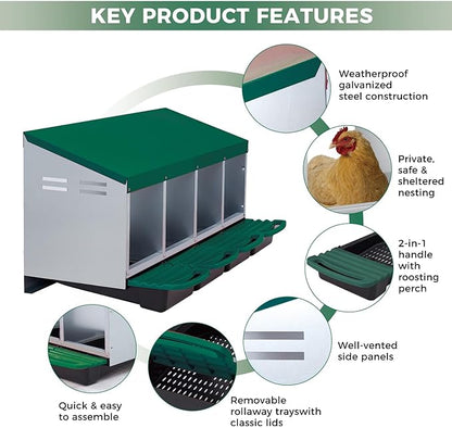 Chicken Nesting Boxes with Rollout Egg Collection – 4-Compartment Metal Hen Nest Box with Removable Trays, Slanted Roof & Ventilation, Wall Mount or Standing for Backyard Poultry Coop, Green