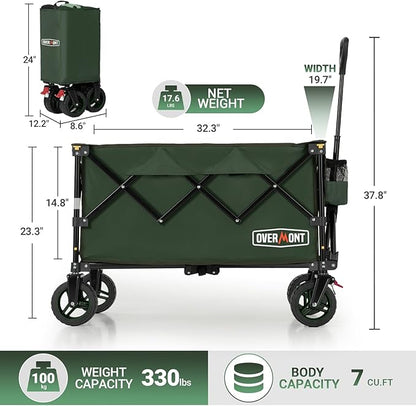 Overmont Ultra-Compact Collapsible Wagon Cart - 200L Portable Folding Wagon with All-Terrain Wheels Utility for Beach, Grocery Shopping, Camping, and Gardening – 330lbs Load Capacity Green