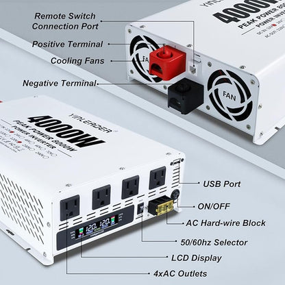 4000W Power Inverter 12V DC to 110V 120V AC (Peak 8000W) for RV, Truck, Off-Grid, Solar, Home & Vehicles | 4 AC Outlets, 3.1A USB Port | LCD Display, Remote Controller (16.5Ft Cable) & Hardwire Kit