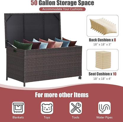 Giantex Outdoor Wicker Storage Box - 50 Gallon PE Rattan Storage Container with Lid, Waterproof Liner, Universal Wheels, Deck Storage for Pillows, Cushions, Gardening Tools, Mix Brown