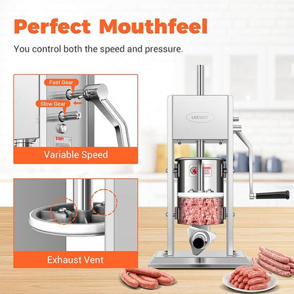 7LBS/3L Manual Sausage Stuffer, Professional Stainless Steel Sausages Maker & Filler Kit with 2 Speed, 5 Stuffing Tubes, Vertical Meat Stuffers for Home Kitchen, Commercial Use
