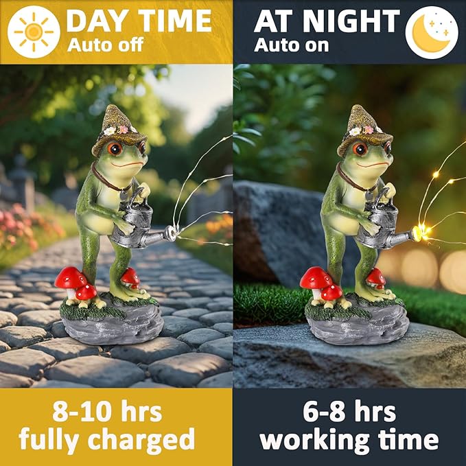 Solar Frog Statue for Garden with Watering Can Light 8.8" Resin Frog Figurine Outdoor Patio Porch Yard Decor Unique Birthday Housewarming Gifts for Women Mom Grandma Wife Sister