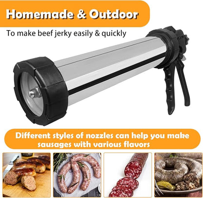 2 LB Stainless Steel Sausage Stuffer Kits,Beef Jerky Gun,Jerky Gun,Sausage Gun,Meat Gun for Ground Meat with 5 Nozzles,5 Cleaning Brushes and 1 Meat Pusher