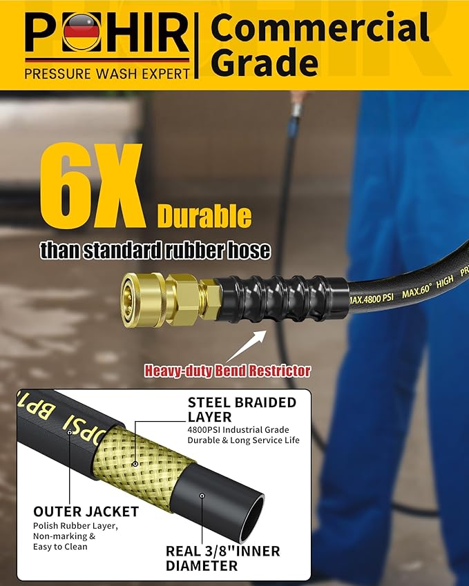 3/8" 150FT Pressure Washer Hose 4800PSI, Power Washer Hose Steel Wire Braided with Swivel Quick Connect, Commercial Grade Industrial High Pressure Water Washing Hose (4800PSI, 150FT)