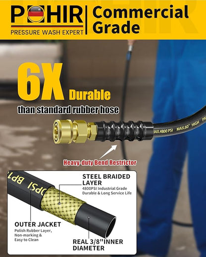 3/8" 150FT Pressure Washer Hose 4800PSI, Power Washer Hose Steel Wire Braided with Swivel Quick Connect, Commercial Grade Industrial High Pressure Water Washing Hose (4800PSI, 150FT)