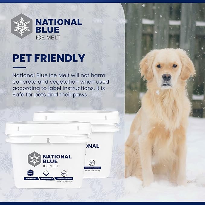 National Blue Snow Salt Ice Melt 20lb Bucket - Fast Acting Ice Melter - Pet, Plant and Concrete Friendly, Environmentally Safe - Free of Magnesium Chloride - Melts to -15°F