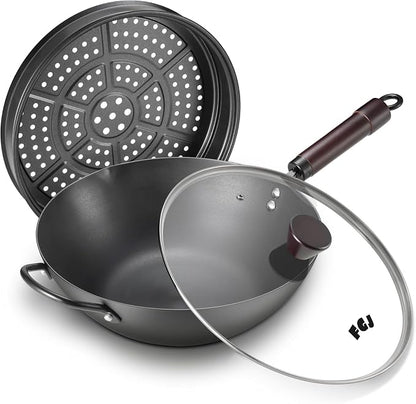 FGJ Wok, 13 Inch carbon steel wok pan with steamer & stir-fry pans nonstick, Pre-Seasoned 5.8QT Flat Bottom Chinese Woks Roasting Pan with lid, Carbon Steel Cookware, Compatible with All Cooktops