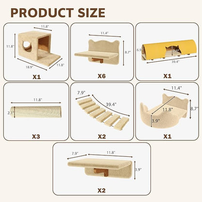 Cat Wall Furniture, 16 in 1 Cat Shelves w/Tunnel & Bridge, Beige | Wall Mounted Cats Shelf Set with Plush Fabric, Cat Climbing Wall Systems for 16 Inch Drywall, with Scratching Posts, Condos