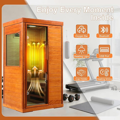 Far Infrared Sauna 1120W 110V, Low EMF Infrared Sauna with Red Light Therapy, Carbon Fiber Infrared Saunas 1 Person W/Bluetooth Speakers/Control Panel for Basement/Home Gym/Bathroom
