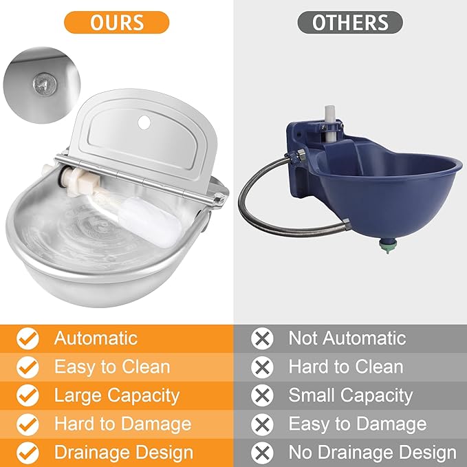 MYFAMIREA Automatic Animal Drinking Water Bowl Stainless Steel Waterer Feeder Farm Dog Dispenser Kit Self Filling for Livestock Horse Goat Water Trough with Float Valve Drain Hole Hose Adapter Bolts