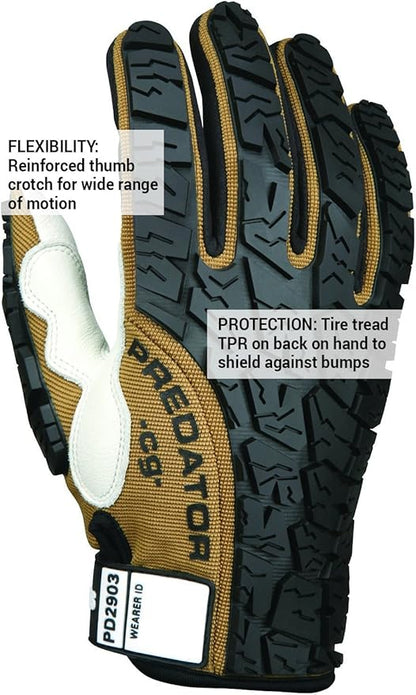 MCR Safety PD2903M Predator Multitask Grain Cow Leather Palm, Breathable, Padded Gloves, Tire Tread Backing, White, Medium, 1 Pair