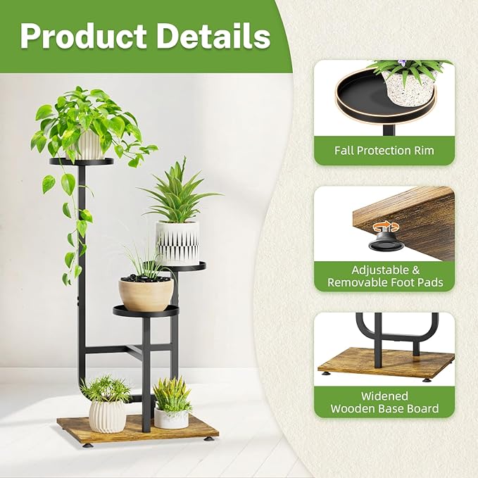 iDavosic.ly 3 Tier Plant Stand Indoor, Corner Tiered Multiple Flower Holder Shelf with Metal Trays, Orchid Display Wooden Rack for Patio Porch Living Room Balcony Outdoor, Modern Black & Rustic Brown