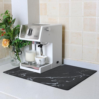 ZLR Coffee Bar Mat for Espresso Machine, 12"x20" Medium, Marble Black | Absorbent Dish Drying Mat, Stain-Hiding PU Top, Non-Slip Back, Fits Grinder, Knock Box, Tamper & Milk Frother