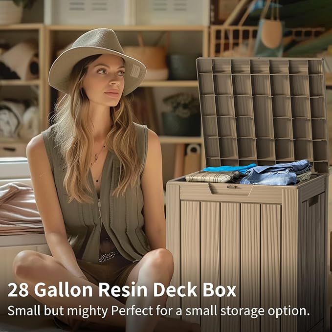 28 Gallon Waterproof Resin Deck Box, Lockable Outdoor Storage Box for Patio Furniture, Garden Tools, UV Resistant, and Multi-Functional (Brown)