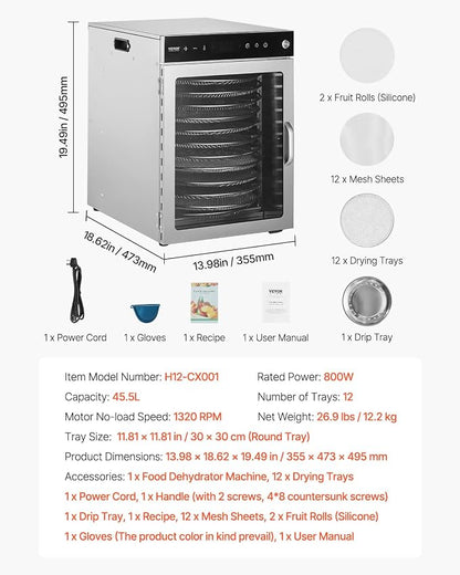 VEVOR Food Dehydrator Machine, Rotary 12 Stainless Steel Trays, 800W Electric Food Dryer with Adjustable Temp & 24-Hour Timer, Food-Dehydrator for Jerky, Meat, Fruit, Vegetables, Herbs, Dog Treats
