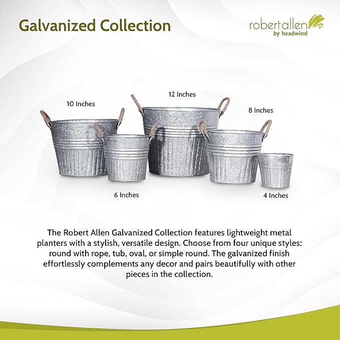 Headwind Decorative Planter - Round Galvanized Bucket w/Rope Handles – 6 Inch Metal Tub Bucket Planter for Outdoor Plants w/Drainage Hole – Galvanized Large Outdoor Planters Buckets by Robert Allen