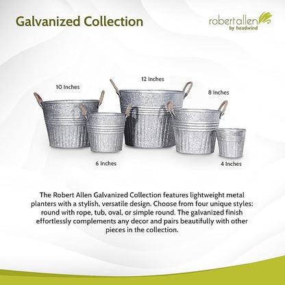 Headwind Decorative Planter - Round Galvanized Bucket w/Rope Handles – 6 Inch Metal Tub Bucket Planter for Outdoor Plants w/Drainage Hole – Galvanized Large Outdoor Planters Buckets by Robert Allen