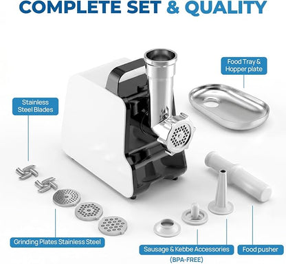 Electric Meat Grinder, 2300W Max, Heavy Duty Sausage Stuffer with 2 Blades, 3 Grinding Plates, Sausage Tube & Kubbe Kit, Home Kitchen Meat Mincer with Handle (Black)
