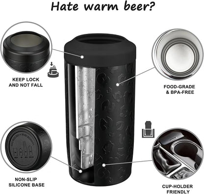 Itslife 4-in-1 Slim Can Cooler Easy to Hold Insulated Beer Can Holder Double-walled Stainless Steel for All 12 Oz Cans Gift Fathers Day Gifts for Dad (Black Leopard)
