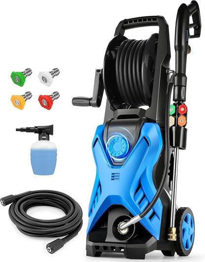 Electric Pressure Washer, 2.8 GPM High Power Washer Adjustable Pressure 2500PSI-5000PSI with 33FT Extension Hose Reel, 4 Nozzles and Soap Bottle for Cars/Fences/Driveways