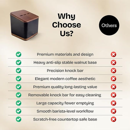 Espresso Knock Box with Lid, 1L Steel Coffee Puck Container, Black | Walnut non-slip base, quiet rubber knock bar, holds 20-25 pucks, dump bin for used grounds, home barista station essential