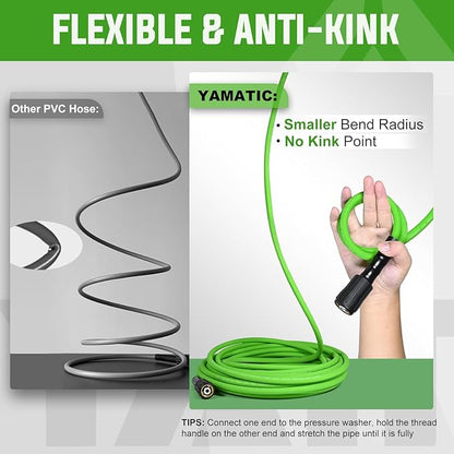 YAMATIC Durable Pressure Washer Hose 50FT, 3400 PSI 1/4'' Power Washer Hose Replacement for Gas&Electric Washer, Wear Resistant Extension Leak-Free M22 Fittings, Green