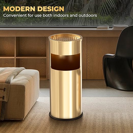 Trash Can Outdoor Waste Container Round Stainless Steel Trash Can with Removable Inner Bucket for Disposal Commercial Waste Container 9.8 x 24-Gold Tone
