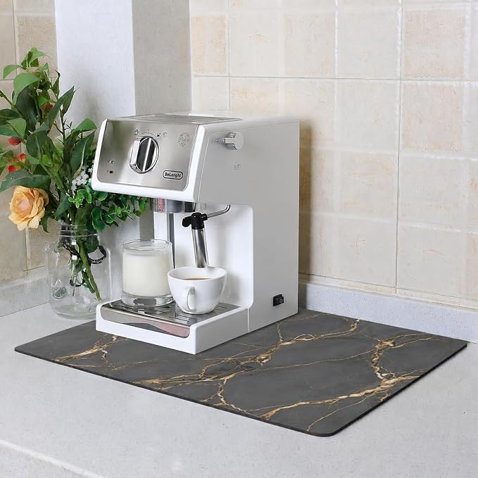 ZLR Large Coffee Bar Mat for Coffee Station, 16"x24" XL, Marble Gray | Oversized Counter Protector, Absorbent Dish Drying Mat, Fits Espresso, Grinder, Frother & Cup Display, Hides Stains