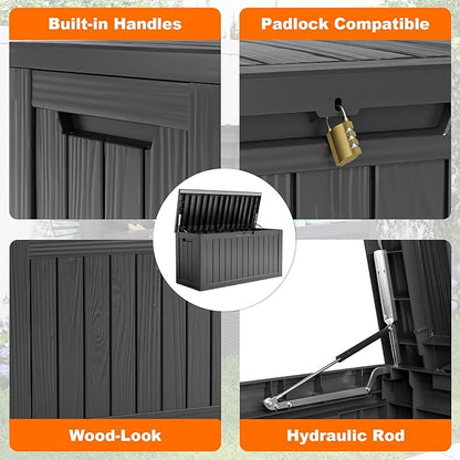 90 Gallon Resin Deck Box, Lockable Patio Outdoor Storage Box for Furniture, Garden Tools and Tools Storage, Waterproof Outside Storage Box - Black