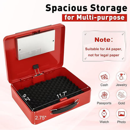 KYODOLED Red Safe Box with Digital Keypad Lock, Lock Box with Code for Personal Items, Metal Security Box for Cash, Passport, Jewelry, Ideal for Home, Office, Garage Sale, 11.8'' x 9.4'' x 3.5''