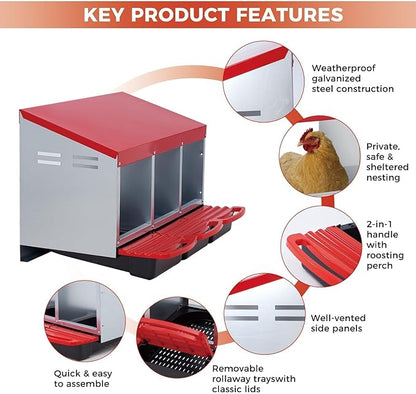 3 Compartment Metal Chicken Nesting Box, Includes 3 Soft Hay Mats, Automatic Roll-Out Egg Collection, Waterproof Galvanized Steel Laying Box with Perch & Wall Mount, for Hens Ducks Rabbits