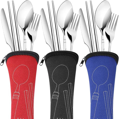 Arroyner 6 Pack Reusable Flatware Sets Knife, Fork, Spoon, Chopsticks, 24Pcs Portable Travel Stainless Steel Tableware Dinnerware with Carrying Case