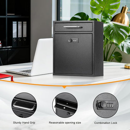 xydled Wall-Mount Mailboxes with Combination Lock, Black, Large | Steel Combination Lock Mail Boxes Outdoor, Locking Wall Mount Mailbox, Security Key Drop Box, 13.4H x 11.6L x 5.8W Inches