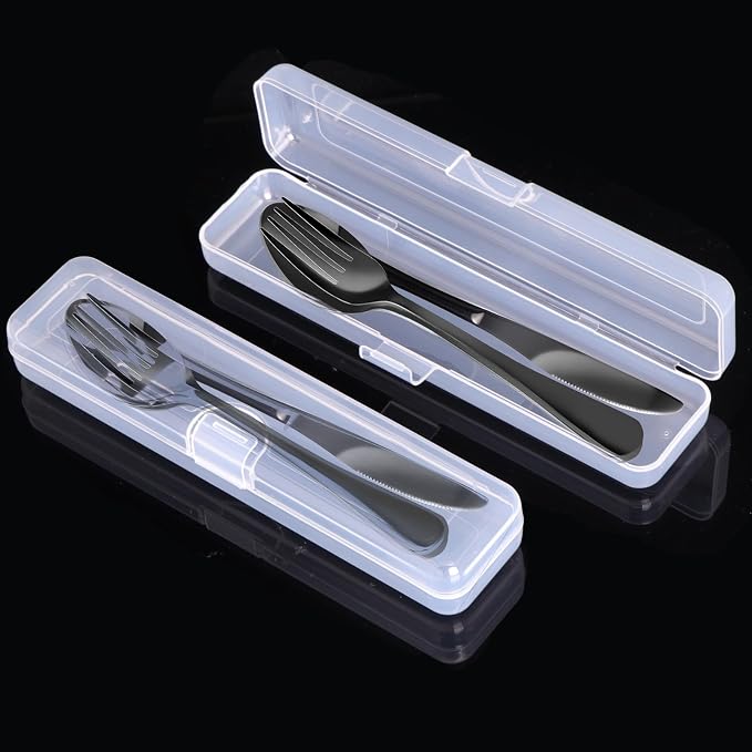 4PCS Premium Travel Utensils With Case, Stainless Steel Reusable Portable Utensils Set With Case, Lengnoyp Travel Silverware Set With Case for Lunch Box Includ Fork Spoon Knife Set, Black