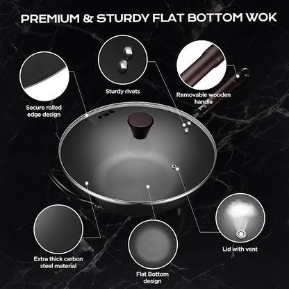 FGJ Wok, 13 Inch Carbon Steel Wok Pan Set 6PCS & Stir-fry Pans Nonstick, Pre-Seasoned 5.8QT Flat Bottom Chinese Woks Roasting Pan Set, Carbon Steel Cookware, Compatible with All Cooktops