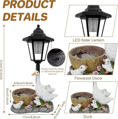Garden Duck Statues with Solar Lantern Flowerpot Outdoor Decoration, Duck Figurines Yard Art Sculptures for Patio Lawn Backyard Porch Ornaments Unique Housewarming Birthday Gifts for Women Mom