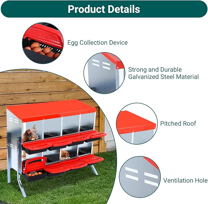 Chicken Nesting Box, 6-Hole Metal Wall Mount Chicken Laying Boxes with Legs and Lid Cover, Easy to Assemble, Roll-Away Egg Design Nesting Boxes for Outdoor Chicken Coop & Farm Yard, Red