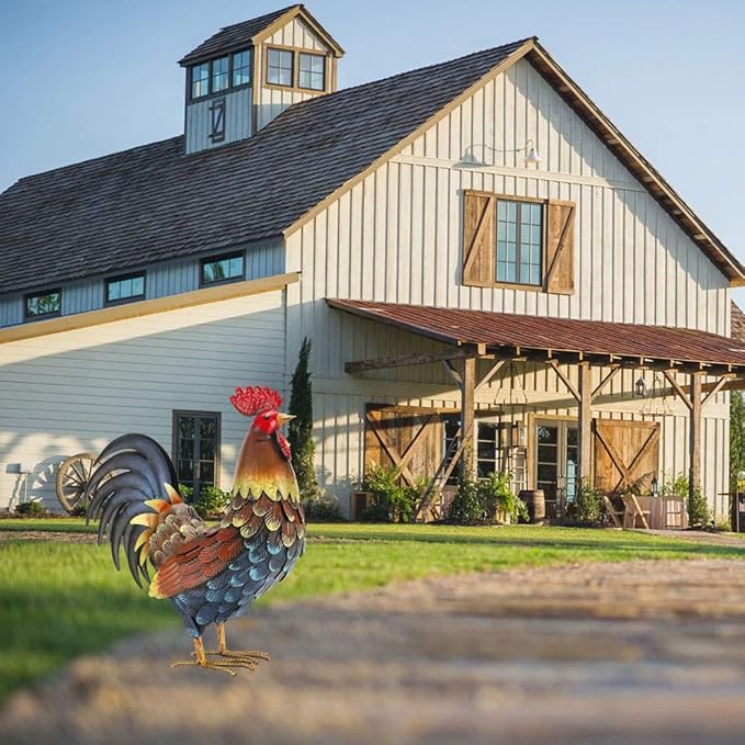 chisheen Rooster Decor Garden Statue Metal Chicken Yard Art Sculpture Outdoor Figurines