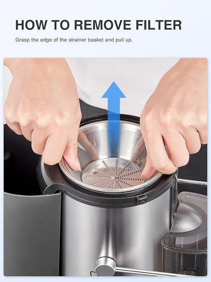 QCen Juicer Machine 500W Centrifugal Juicer with Extra Wide Feed Chute | For Fruits And Vegetables, Stainless Steel, BPA-Free Parts, Easy To Clean, Red, Compact Countertop Juicer