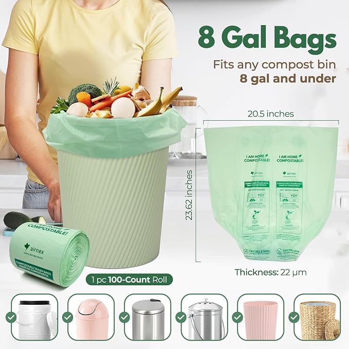 Compost Bags for Countertop Bin -Compostable Trash Bags made of Cornstarch - Leakproof & Tear Resistant Biodegradable Trash Bags - OK Compost Home & Seedlings Certified (8 Gallon, 100 Count)