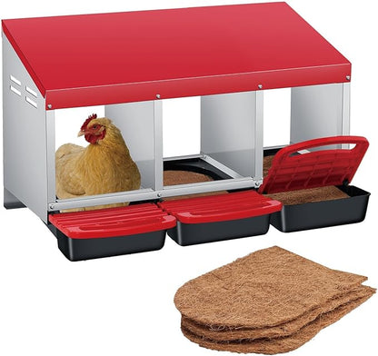 3 Compartment Metal Chicken Nesting Box, Includes 3 Soft Hay Mats, Automatic Roll-Out Egg Collection, Waterproof Galvanized Steel Laying Box with Perch & Wall Mount, for Hens Ducks Rabbits