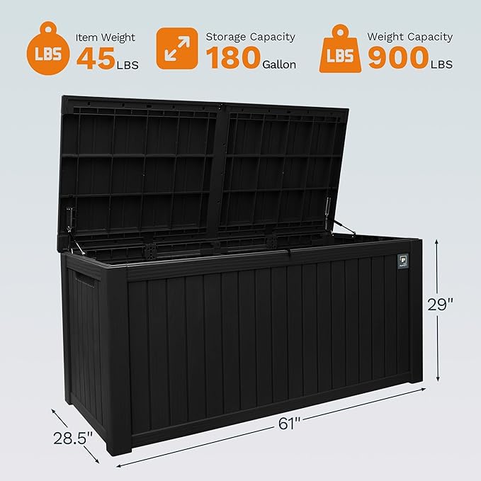 Heavy Duty Storage Box,180 Gallon Black Outdoor Storage Box is Made of Resin for Outdoor, Patio or Indoor Use.