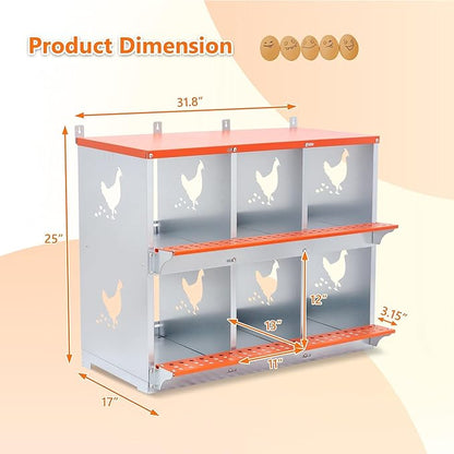 6 Bay Orange Metal Nesting Box, Wall Mount Chicken Nest for Hens & Ducks, Heavy Duty Galvanized Steel with Hen-Shaped Vents & Coconut Fiber Pad, Easy Assembly (Orange/Silver)