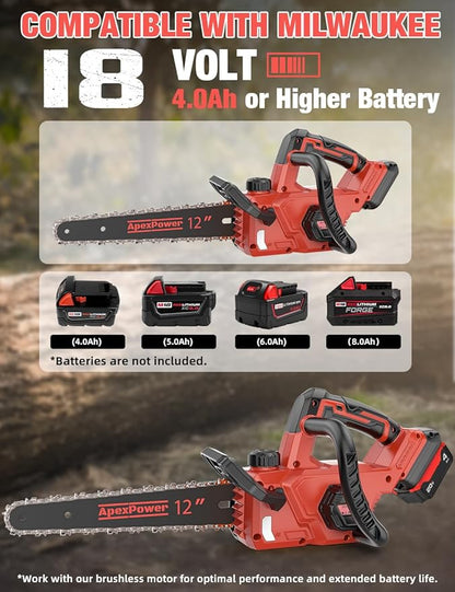 12 Inch Brushless Electric Chainsaw Cordless, Compatible with Milwaukee M18 Battery, Auto Oiler, 44.3 FT/S Powerful Cutting, Low Kickback, Battery Powered Chainsaw for Trees Pruning Wood Cutting