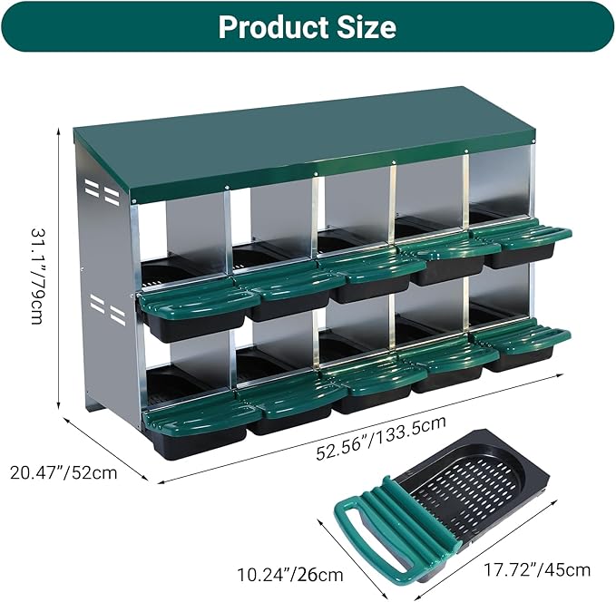 Chicken Nesting Box, 10-Hole Metal Wall Mount Chicken Laying Boxes with Legs and Lid Cover, Easy to Assemble, Roll-Away Egg Design Nesting Boxes for Outdoor Chicken Coop & Farm Yard, Green