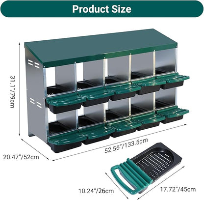 Chicken Nesting Box, 10-Hole Metal Wall Mount Chicken Laying Boxes with Legs and Lid Cover, Easy to Assemble, Roll-Away Egg Design Nesting Boxes for Outdoor Chicken Coop & Farm Yard, Green