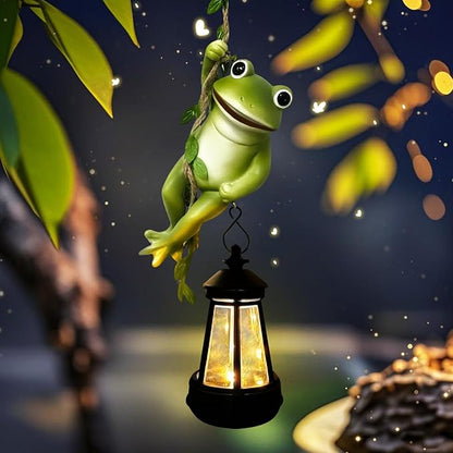 Solar Frogs Outdoor Garden Statues, Halloween Hanging Climbing Rope Frog on a Vine with Lantern Tree Hugger Figurine Lights for Outside Yard Art Sculptures Porch Balcony Wall Decor, Funny Gifts